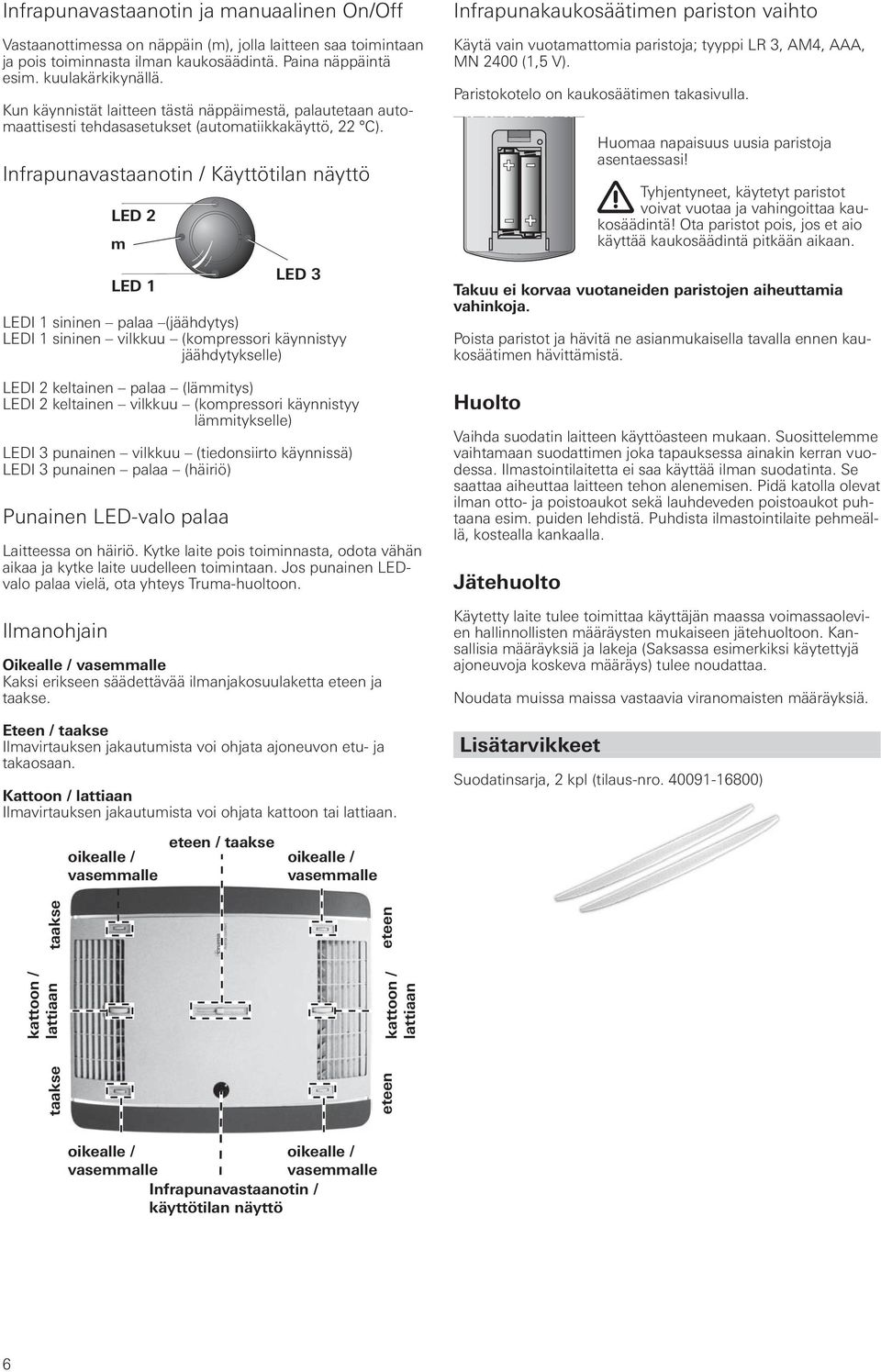 Infrapunavastaanotin / Käyttötilan näyttö LED 2 m LED 1 LED 3 LEDI 1 sininen palaa (jäähdytys) LEDI 1 sininen vilkkuu (kompressori käynnistyy jäähdytykselle) LEDI 2 keltainen palaa (lämmitys) LEDI 2