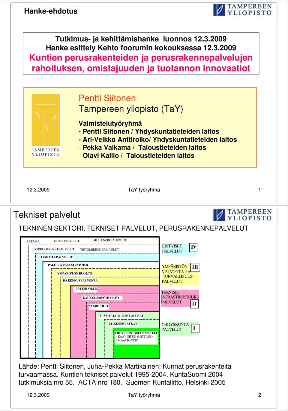 2009 Pentti Siitonen Tampereen yliopisto (TaY) Valmistelutyöryhmä - Pentti Siitonen / Yhdyskuntatieteiden laitos - Ari-Veikko Anttiroiko/ Yhdyskuntatieteiden laitos - Pekka Valkama / Taloustieteiden