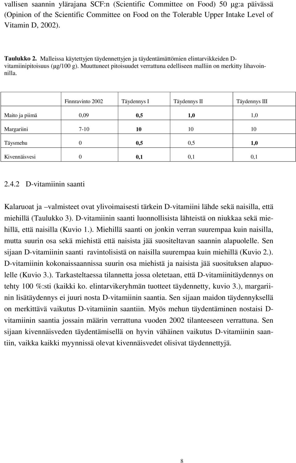 Finnravinto 2002 Täydennys I Täydennys II Täydennys III Maito ja piimä 0,09 0,5 1,0 1,0 Margariini 7-10 10 10 10 Täysmehu 0 0,5 0,5 1,0 Kivennäisvesi 0 0,1 0,1 0,1 2.4.