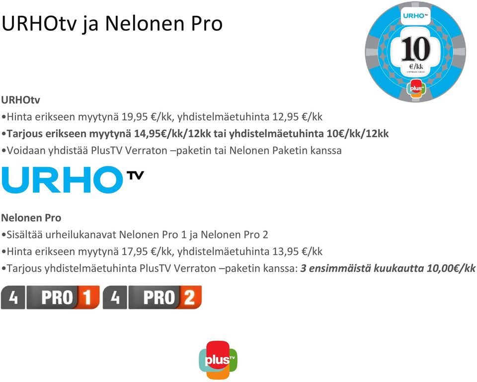Paketin kanssa Nelonen Pro Sisältää urheilukanavat Nelonen Pro 1 ja Nelonen Pro 2 Hinta erikseen myytynä 17,95