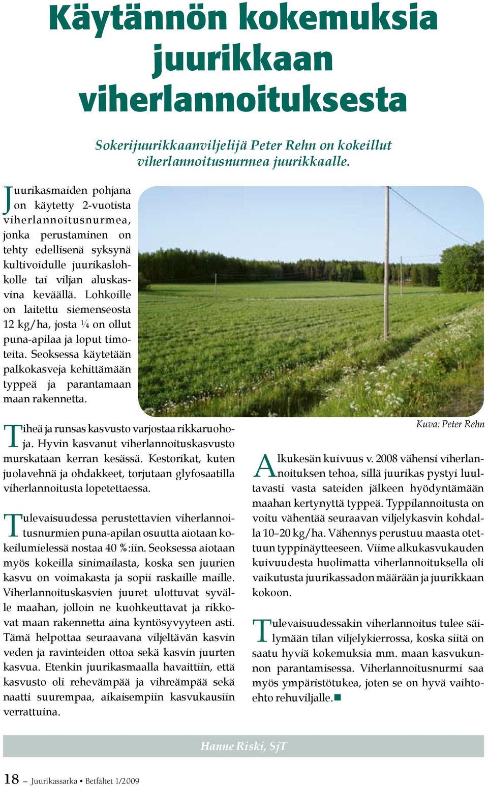Seoksessa käytetään palkokasveja kehittämään typpeä ja parantamaan maan rakennetta. Sokerijuurikkaanviljelijä Peter Rehn on kokeillut viherlannoitusnurmea juurikkaalle.
