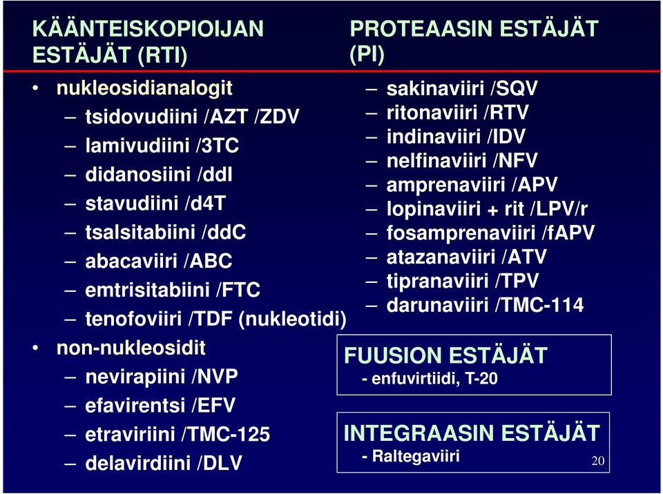 delavirdiini /DLV PROTEAASIN ESTÄJÄT (PI) sakinaviiri /SQV ritonaviiri /RTV indinaviiri /IDV nelfinaviiri /NFV amprenaviiri /APV lopinaviiri + rit