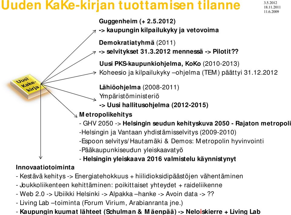 2012 Lähiöohjelma (2008-2011) Ympäristöministeriö -> Uusi hallitusohjelma (2012-2015) Metropolikehitys - GHV 2050 -> Helsingin seudun kehityskuva 2050 - Rajaton metropoli -Helsingin ja Vantaan