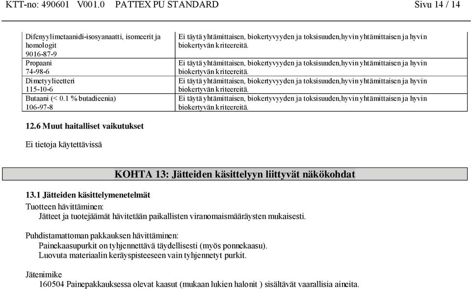 Ei täytä yhtämittaisen, biokertyvyyden ja toksisuuden,hyvin yhtämittaisen ja hyvin biokertyvän kriteereitä.