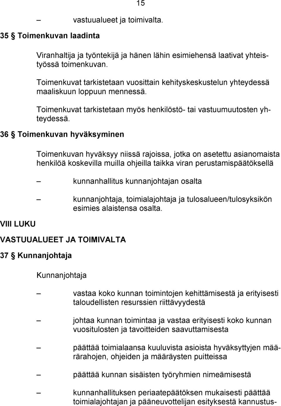 36 Toimenkuvan hyväksyminen VIII LUKU Toimenkuvan hyväksyy niissä rajoissa, jotka on asetettu asianomaista henkilöä koskevilla muilla ohjeilla taikka viran perustamispäätöksellä kunnanhallitus