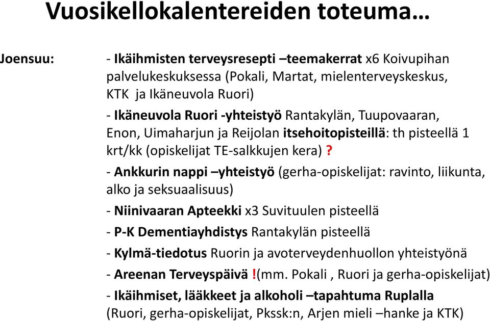 - Ankkurin nappi yhteistyö (gerha-opiskelijat: ravinto, liikunta, alko ja seksuaalisuus) - Niinivaaran Apteekki x3 Suvituulen pisteellä - P-K Dementiayhdistys Rantakylän pisteellä -