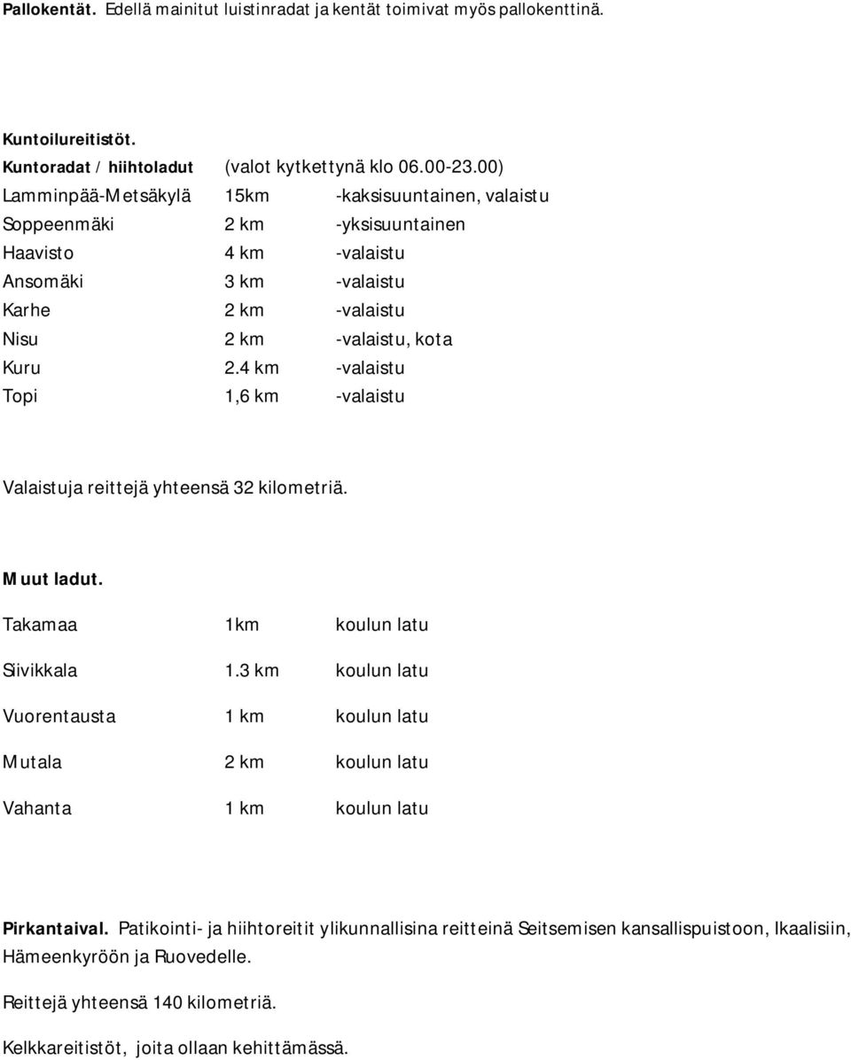 4 km -valaistu Topi 1,6 km -valaistu Valaistuja reittejä yhteensä 32 kilometriä. Muut ladut. Takamaa 1km koulun latu Siivikkala 1.