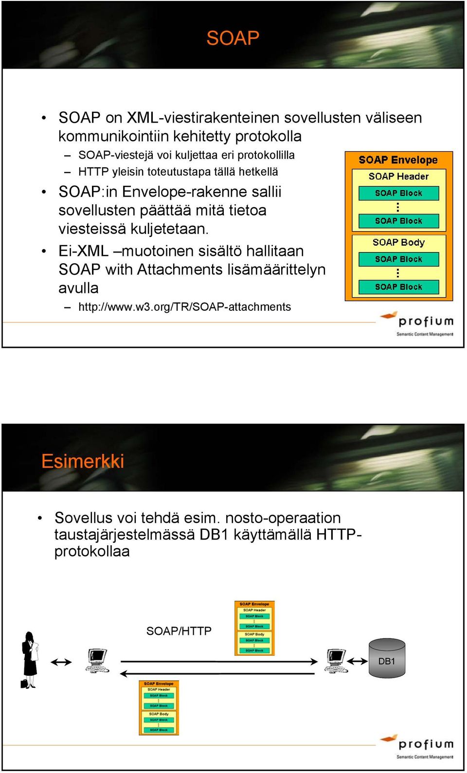 viesteissä kuljetetaan. Ei-XML muotoinen sisältö hallitaan SOAP with Attachments lisämäärittelyn avulla http://www.w3.