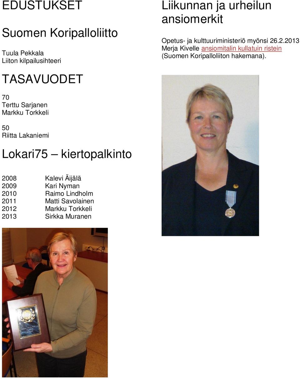 .2.2013 Merja Kivelle ansiomitalin kullatuin ristein (Suomen Koripalloliiton hakemana).