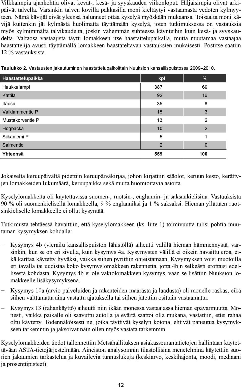 Toisaalta moni kävijä kuitenkin jäi kylmästä huolimatta täyttämään kyselyä, joten tutkimuksessa on vastauksia myös kylmimmältä talvikaudelta, joskin vähemmän suhteessa käynteihin kuin kesä- ja