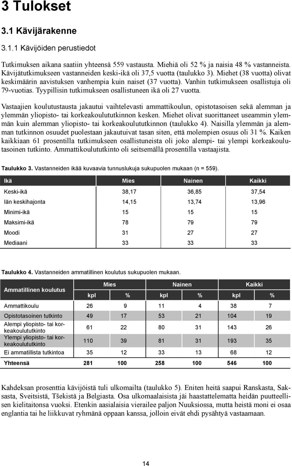 Vanhin tutkimukseen osallistuja oli 79-vuotias. Tyypillisin tutkimukseen osallistuneen ikä oli 27 vuotta.