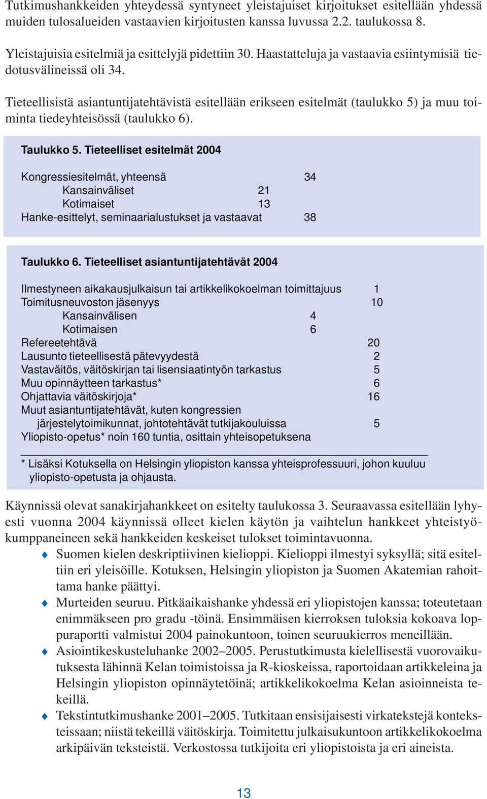 Tieteellisistä asiantuntijatehtävistä esitellään erikseen esitelmät (taulukko 5) ja muu toiminta tiedeyhteisössä (taulukko 6). Taulukko 5.