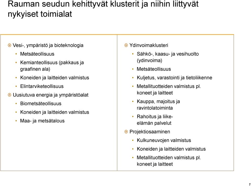 Ydinvoimaklusteri Sähkö-, kaasu- ja vesihuolto (ydinvoima) Metsäteollisuus Kuljetus, varastointi ja tietoliikenne Metallituotteiden valmistus pl.