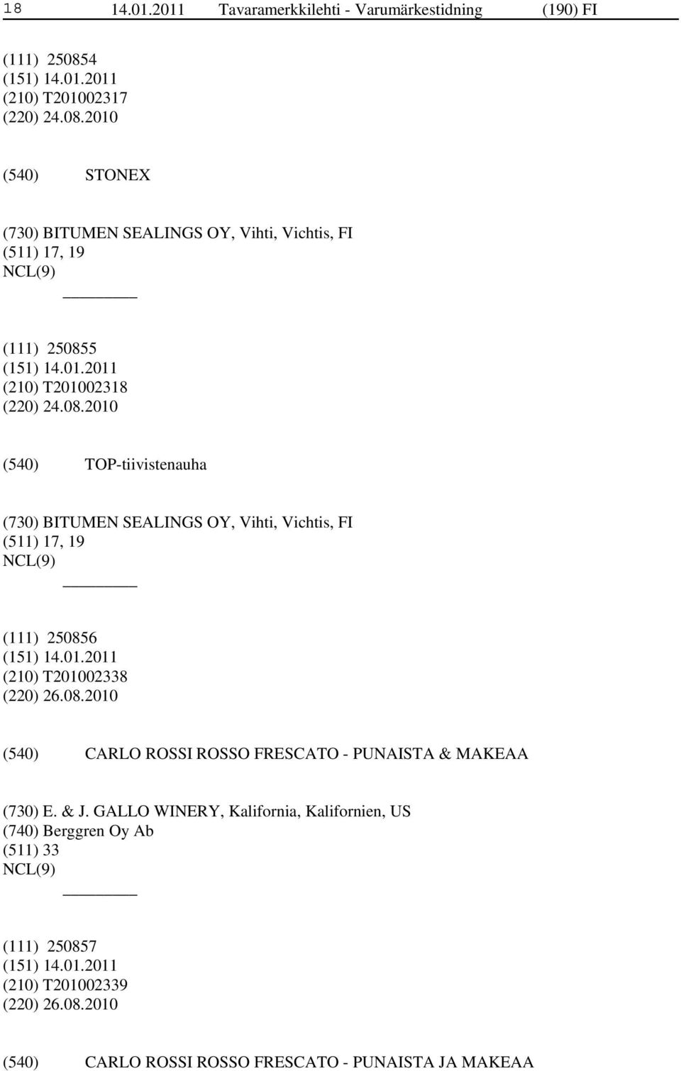 08.2010 TOP-tiivistenauha (730) BITUMEN SEALINGS OY, Vihti, Vichtis, FI (511) 17, 19 (111) 250856 (210) T201002338 (220) 26.08.2010 CARLO ROSSI ROSSO FRESCATO - PUNAISTA & MAKEAA (730) E.
