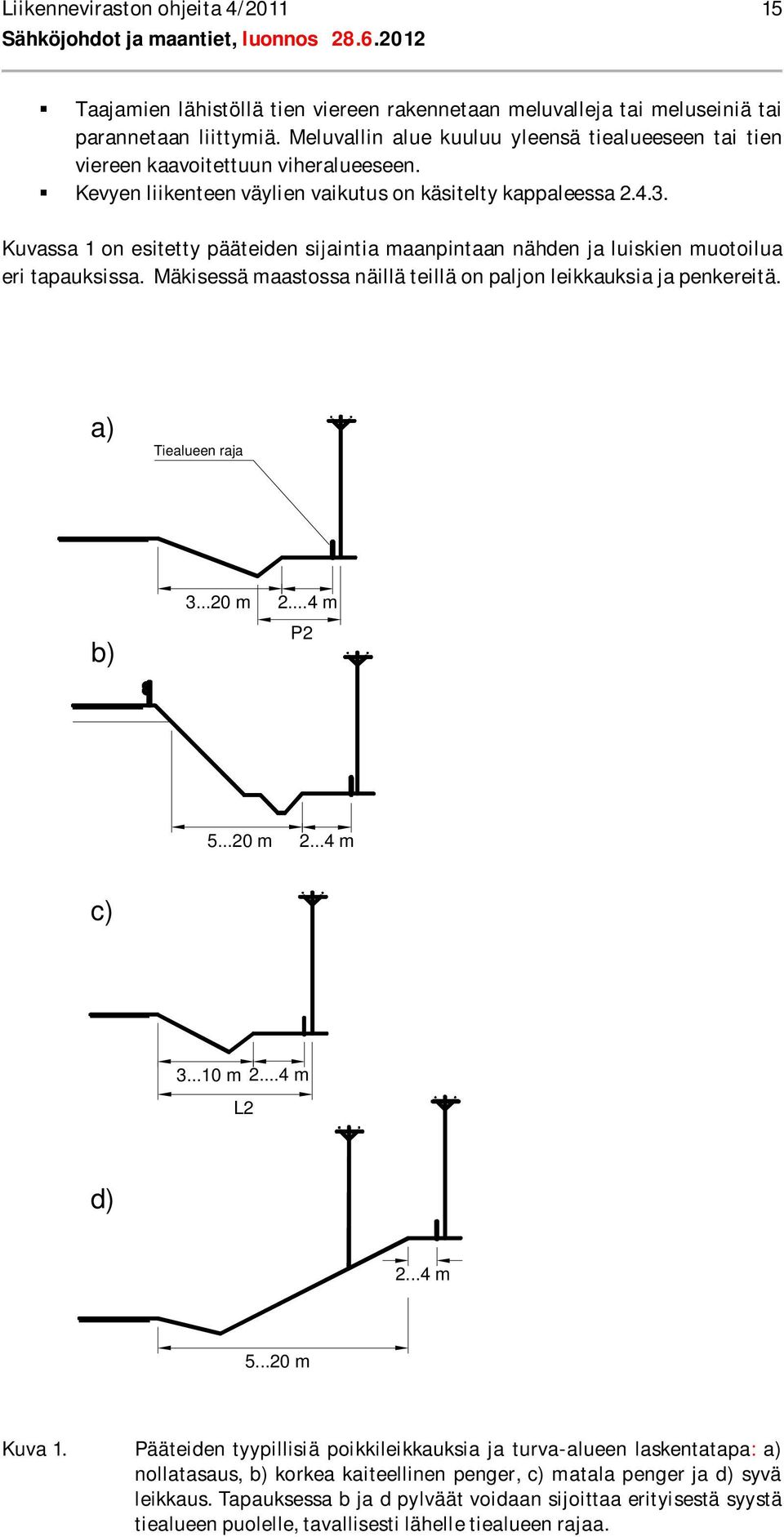 Kuvassa 1 on esitetty pääteiden sijaintia maanpintaan nähden ja luiskien muotoilua eri tapauksissa. Mäkisessä maastossa näillä teillä on paljon leikkauksia ja penkereitä. a) Tiealueen raja b) 3.