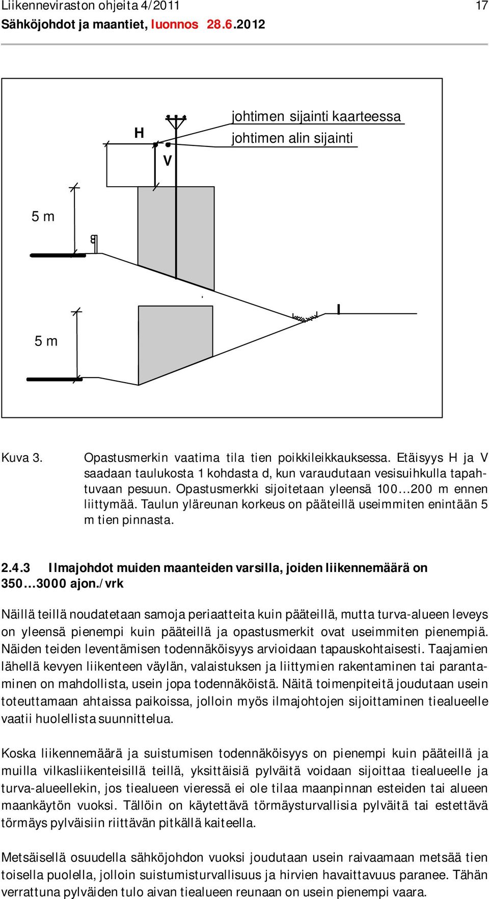 Taulun yläreunan korkeus on pääteillä useimmiten enintään 5 m tien pinnasta. 2.4.3 Ilmajohdot muiden maanteiden varsilla, joiden liikennemäärä on 350 3000 ajon.