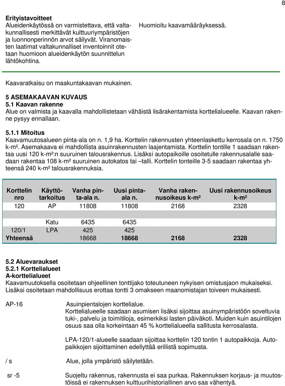 5 ASEMAKAAVAN KUVAUS 5.1 Kaavan rakenne Alue on valmista ja kaavalla mahdollistetaan vähäistä lisärakentamista korttelialueelle. Kaavan rakenne pysyy ennallaan. 5.1.1 Mitoitus Kaavamuutosalueen pinta-ala on n.