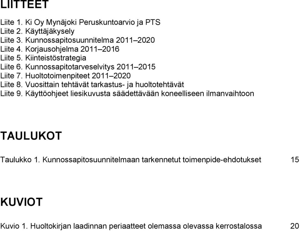 Huoltotoimenpiteet 2011 2020 Liite 8. Vuosittain tehtävät tarkastus- ja huoltotehtävät Liite 9.