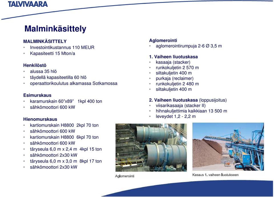 4kpl 15 ton sähkömoottori 2x30 kw täryseula 6,0 m x 3,0 m 8kpl 17 ton sähkömoottori 2x30 kw Aglomerointi aglomerointirumpuja 2-6 Ø 3,5 m 1.