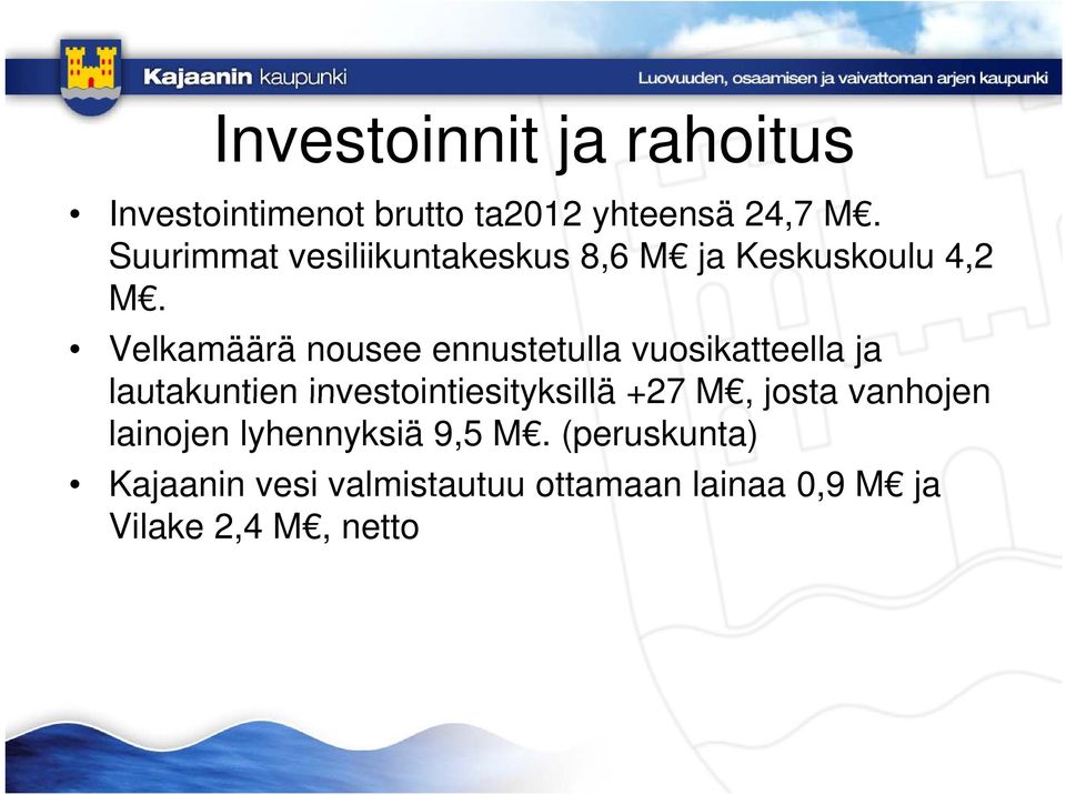 Velkamäärä nousee ennustetulla vuosikatteella ja lautakuntien investointiesityksillä +27