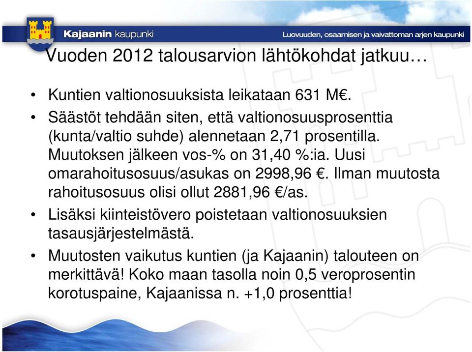 Uusi omarahoitusosuus/asukas on 2998,9696. Ilman muutosta rahoitusosuus olisi ollut 2881,96 /as.