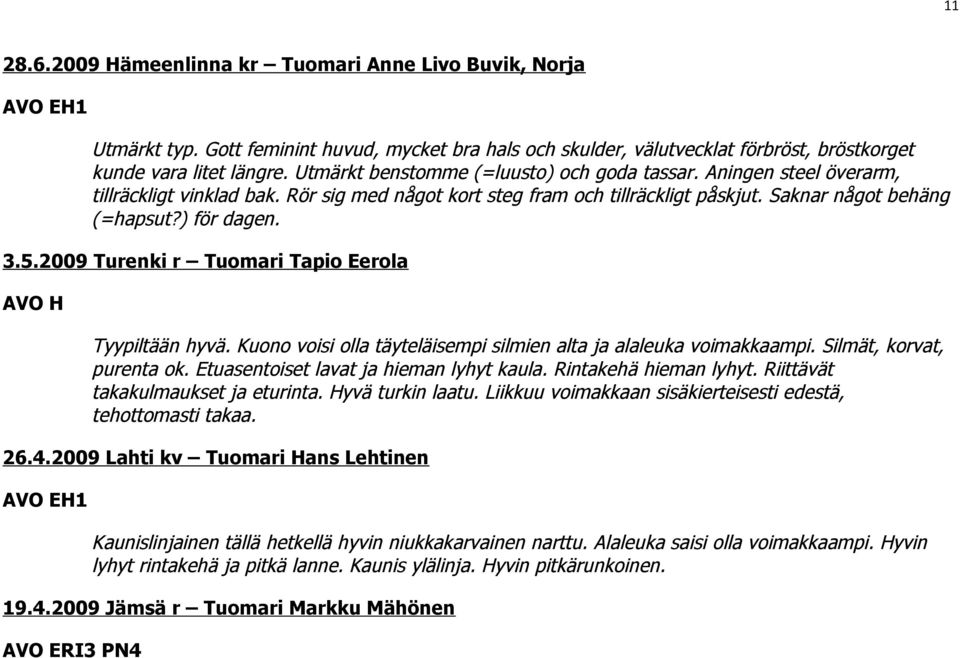 2009 Turenki r Tuomari Tapio Eerola AVO H Tyypiltään hyvä. Kuono voisi olla täyteläisempi silmien alta ja alaleuka voimakkaampi. Silmät, korvat, purenta ok. Etuasentoiset lavat ja hieman lyhyt kaula.