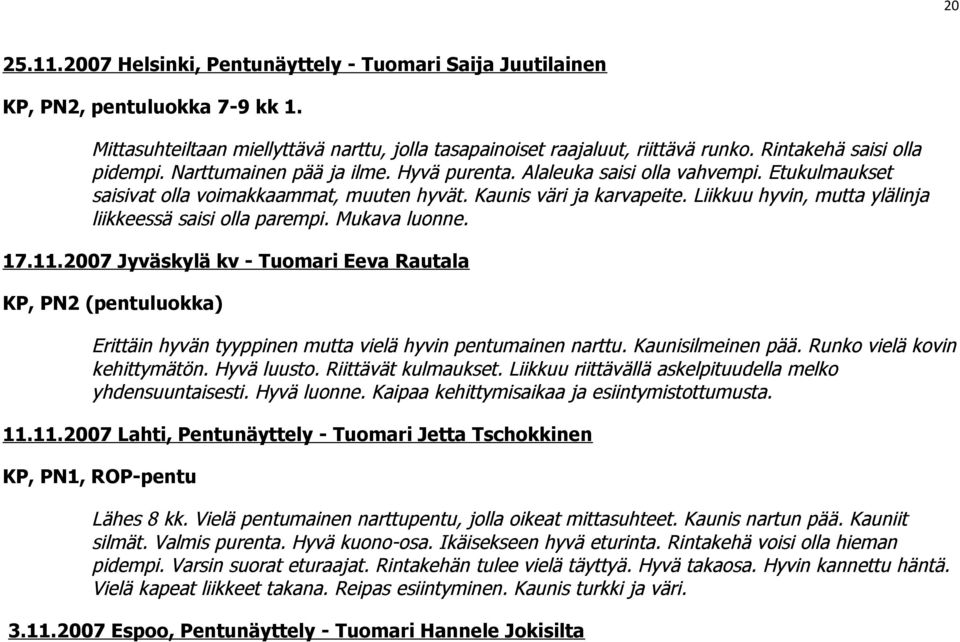 Liikkuu hyvin, mutta ylälinja liikkeessä saisi olla parempi. Mukava luonne. 17.11.