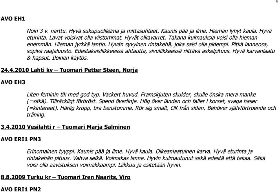 Edestakaisliikkeessä ahtautta, sivuliikkeessä riittävä askelpituus. Hyvä karvanlaatu & hapsut. Iloinen käytös. 24.4.2010 Lahti kv Tuomari Petter Steen, Norja AVO EH3 Liten feminin tik med god typ.