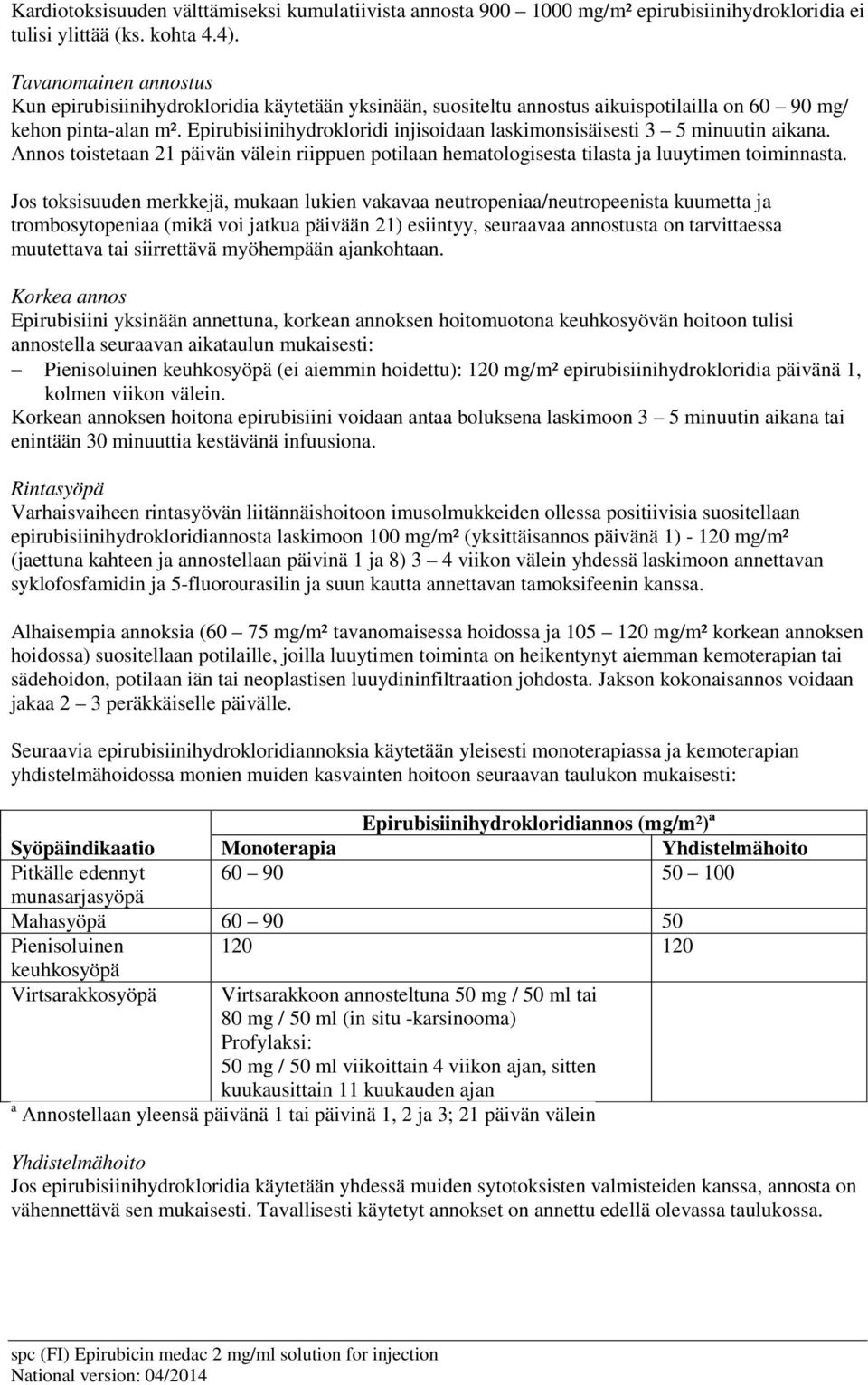 Epirubisiinihydrokloridi injisoidaan laskimonsisäisesti 3 5 minuutin aikana. Annos toistetaan 21 päivän välein riippuen potilaan hematologisesta tilasta ja luuytimen toiminnasta.