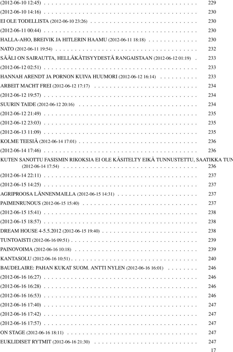 .................................... 232 SÄÄLI ON SAIRAUTTA, HELLÄKÄTISYYDESTÄ RANGAISTAAN (2012-06-12 01:19). 233 (2012-06-12 02:51)........................................ 233 HANNAH ARENDT JA PORNON KUIVA HUUMORI (2012-06-12 16:14).