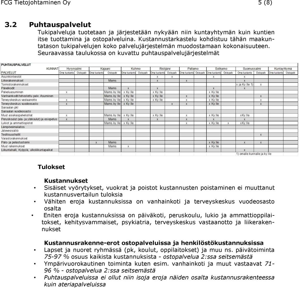 Seuraavassa taulukossa on kuvattu puhtauspalvelujärjestelmät Tulokset Kustannukset Sisäiset vyörytykset, vuokrat ja poistot kustannusten poistaminen ei muuttanut kustannusvertailun tuloksia Vähiten