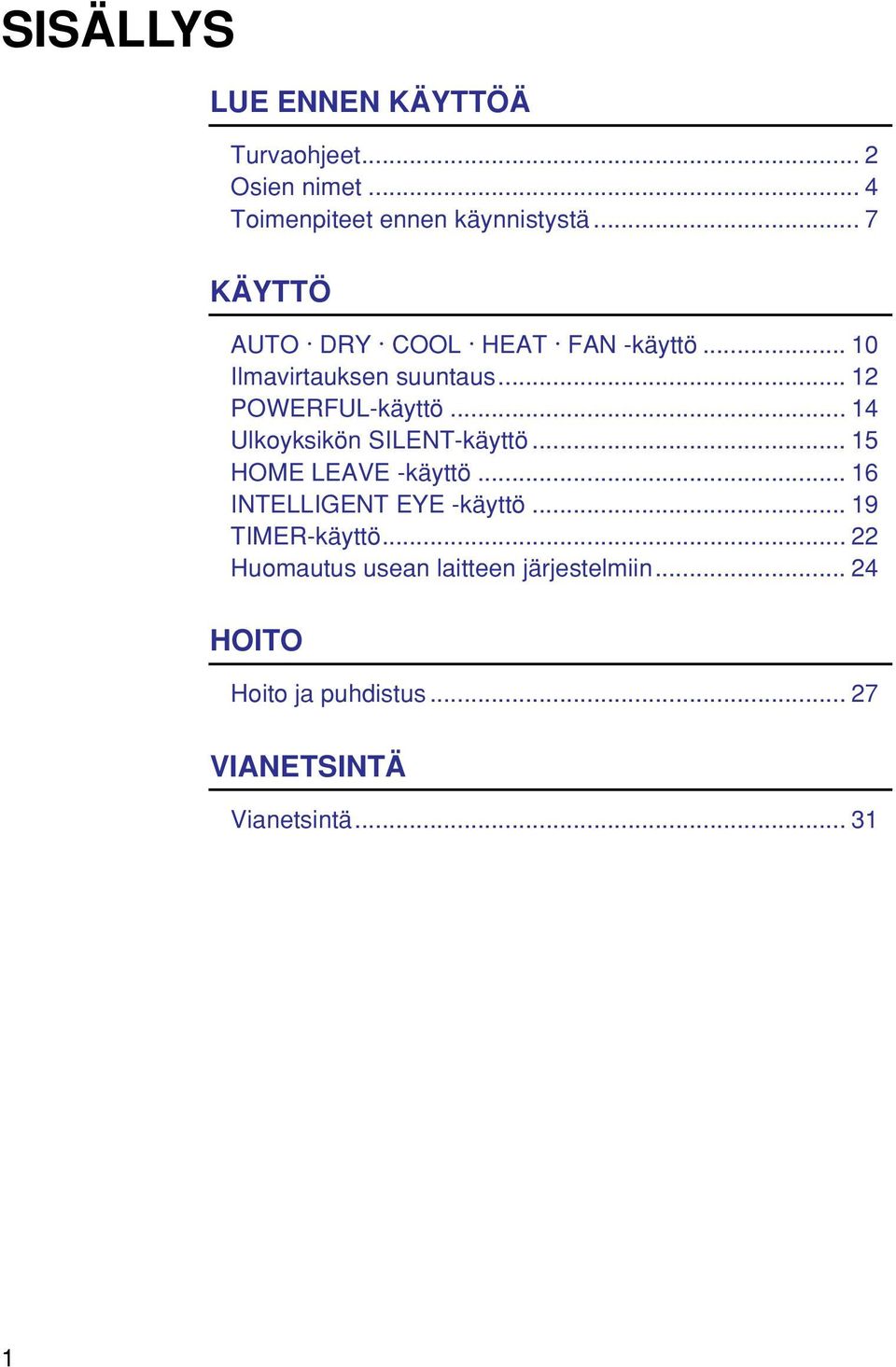 .. 14 Ulkoyksikön SILENT-käyttö... 15 HOME LEAVE -käyttö... 16 INTELLIGENT EYE -käyttö.