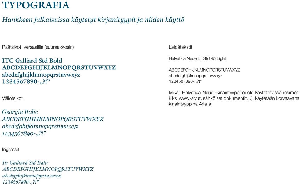 ,?! Mikäli Helvetica Neue -kirjaintyyppi ei ole käytettävissä (esimerkiksi www-sivut, sähköiset dokumentit ), käytetään korvaavana kirjaintyyppinä Arialia.
