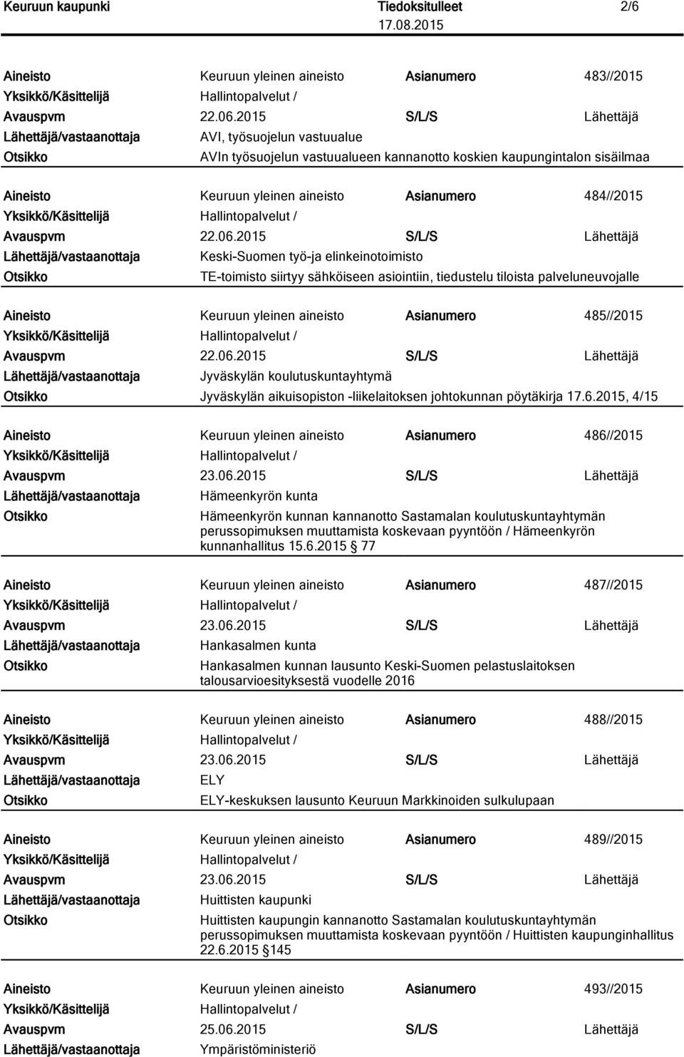 2015 S/L/S Lähettäjä Keski-Suomen työ-ja elinkeinotoimisto TE-toimisto siirtyy sähköiseen asiointiin, tiedustelu tiloista palveluneuvojalle Aineisto Keuruun yleinen aineisto Asianumero 485//2015