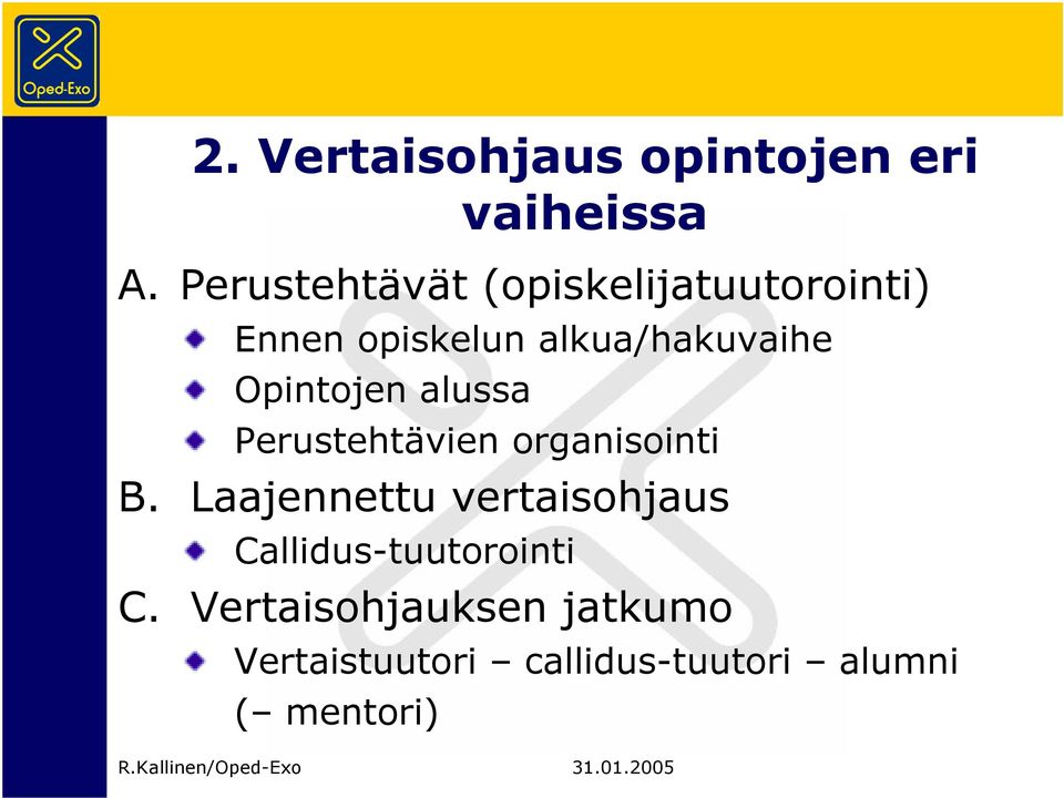 Opintojen alussa Perustehtävien organisointi B.