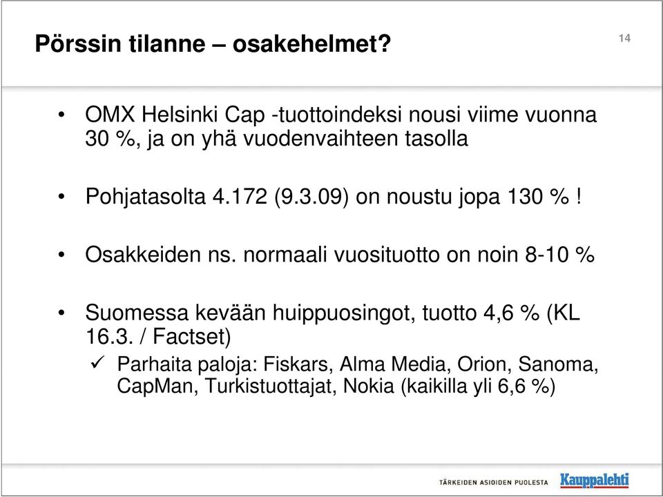 Pohjatasolta 4.172 (9.3.09) on noustu jopa 130 %! Osakkeiden ns.