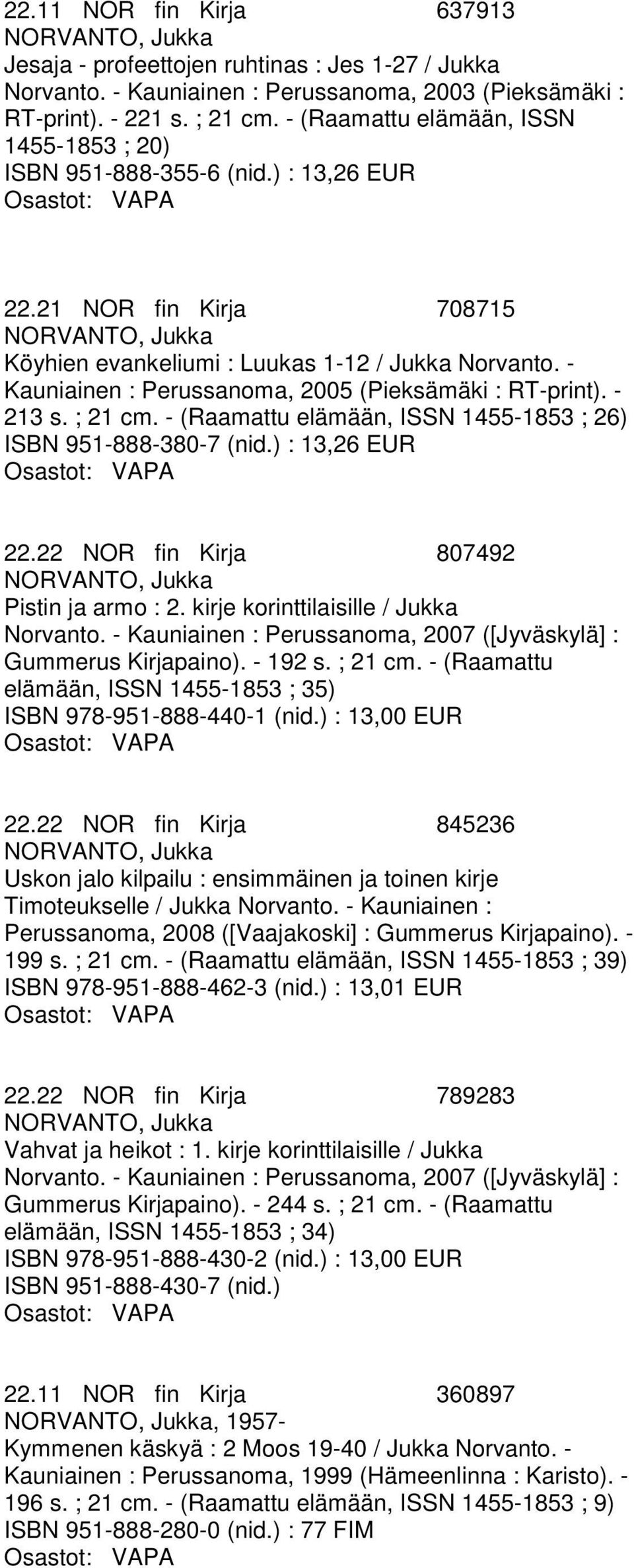 - Kauniainen : Perussanoma, 2005 (Pieksämäki : RT-print). - 213 s. ; 21 cm. - (Raamattu elämään, ISSN 1455-1853 ; 26) ISBN 951-888-380-7 (nid.) : 13,26 EUR 22.