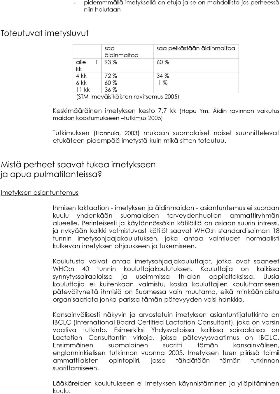 Äidin ravinnon vaikutus maidon koostumukseen tutkimus 2005) Tutkimuksen (Hannula, 2003) mukaan suomalaiset naiset suunnittelevat etukäteen pidempää imetystä kuin mikä sitten toteutuu.