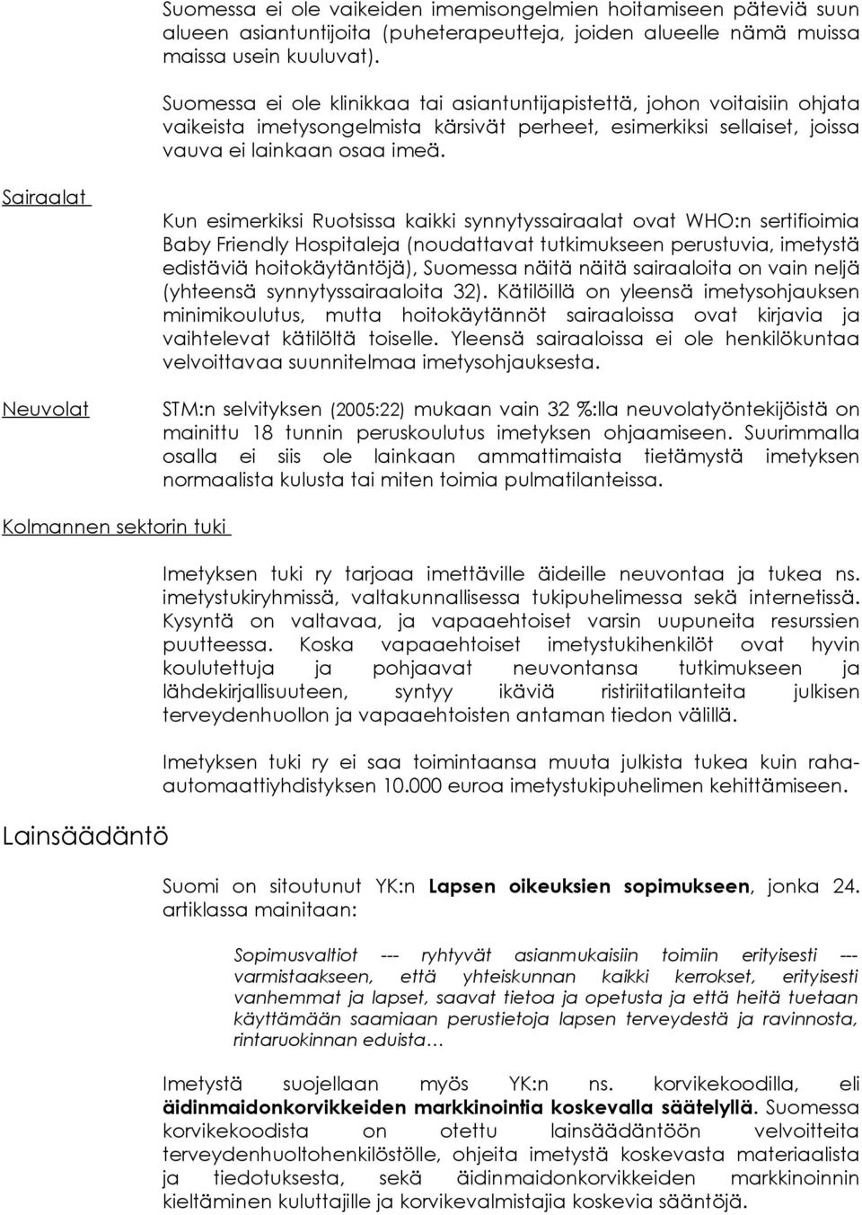 Sairaalat Neuvolat Kun esimerkiksi Ruotsissa kaikki synnytyssairaalat ovat WHO:n sertifioimia Baby Friendly Hospitaleja (noudattavat tutkimukseen perustuvia, imetystä edistäviä hoitokäytäntöjä),