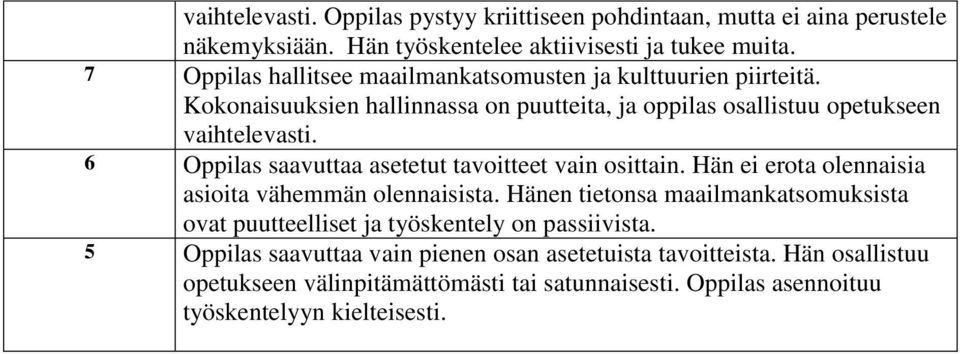 6 saavuttaa asetetut tavoitteet vain osittain. Hän ei erota olennaisia asioita vähemmän olennaisista.