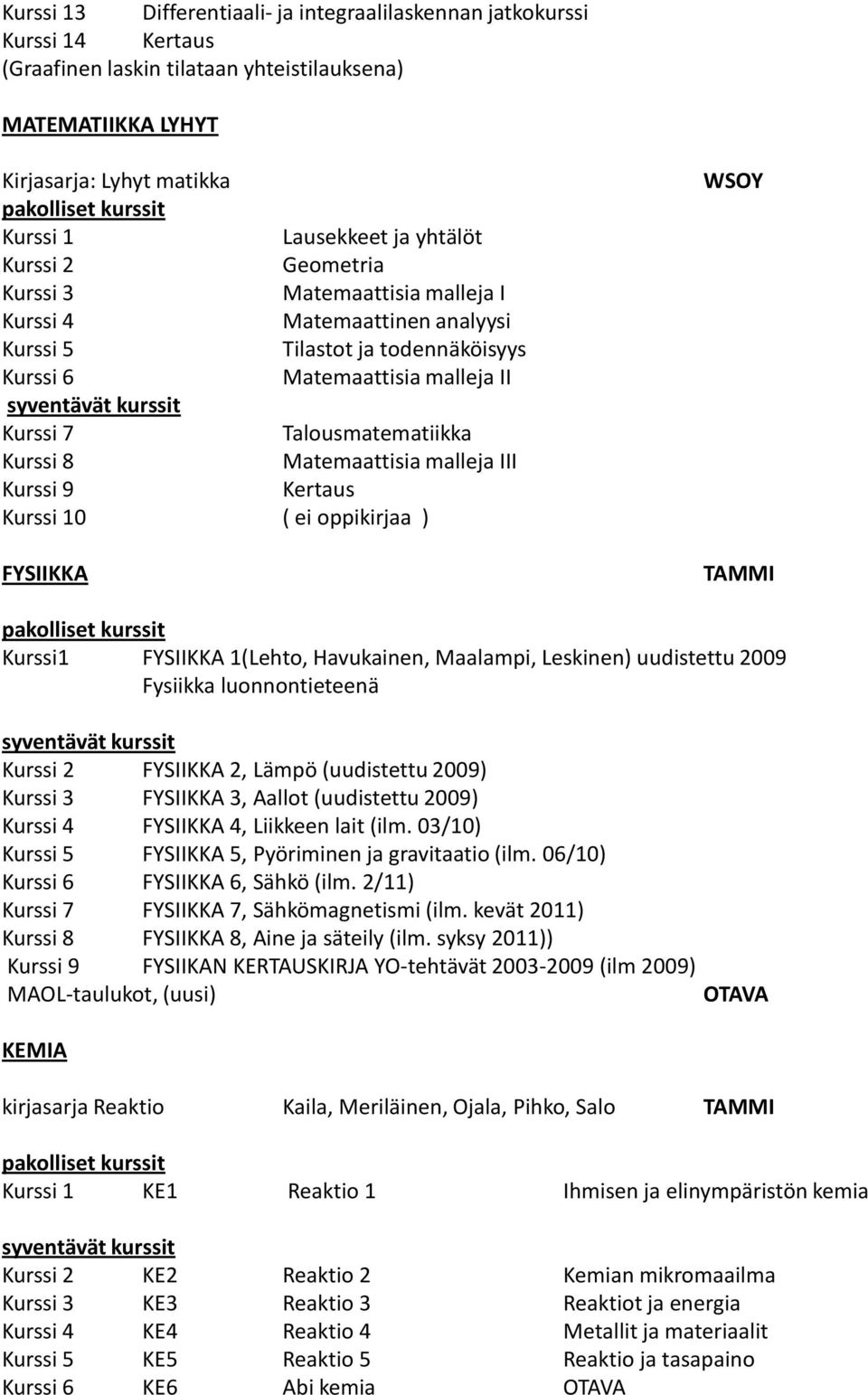 Matemaattinen analyysi Tilastot ja todennäköisyys Matemaattisia malleja II Talousmatematiikka Kurssi 8 Matemaattisia malleja III Kurssi 9 Kertaus 0 ( ei oppikirjaa ) FYSIIKKA TAMMI Kurssi1 FYSIIKKA