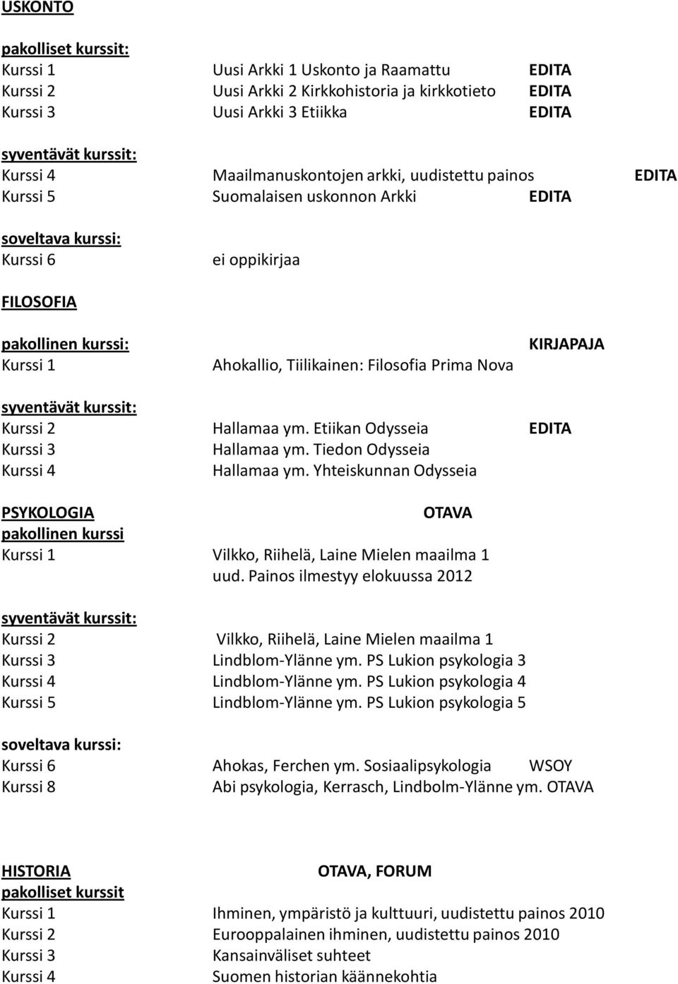 Tiedon Odysseia Hallamaa ym. Yhteiskunnan Odysseia PSYKOLOGIA OTAVA pakollinen kurssi Vilkko, Riihelä, Laine Mielen maailma 1 uud.