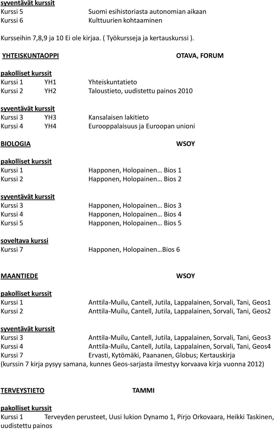 Happonen, Holopainen Bios 2 Happonen, Holopainen Bios 3 Happonen, Holopainen Bios 4 Happonen, Holopainen Bios 5 soveltava kurssi Happonen, Holopainen Bios 6 MAANTIEDE Anttila-Muilu, Cantell, Jutila,