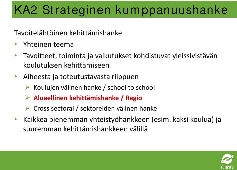 Koulujen välinen hanke / school to school Alueellinen kehittämishanke / Regio Cross sectoral /