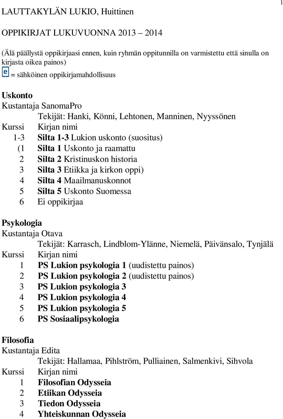 Etiikka ja kirkon oppi) 4 Silta 4 Maailmanuskonnot 5 Silta 5 Uskonto Suomessa 6 Ei oppikirjaa Psykologia Tekijät: Karrasch, Lindblom-Ylänne, Niemelä, Päivänsalo, Tynjälä 1 PS Lukion psykologia 1