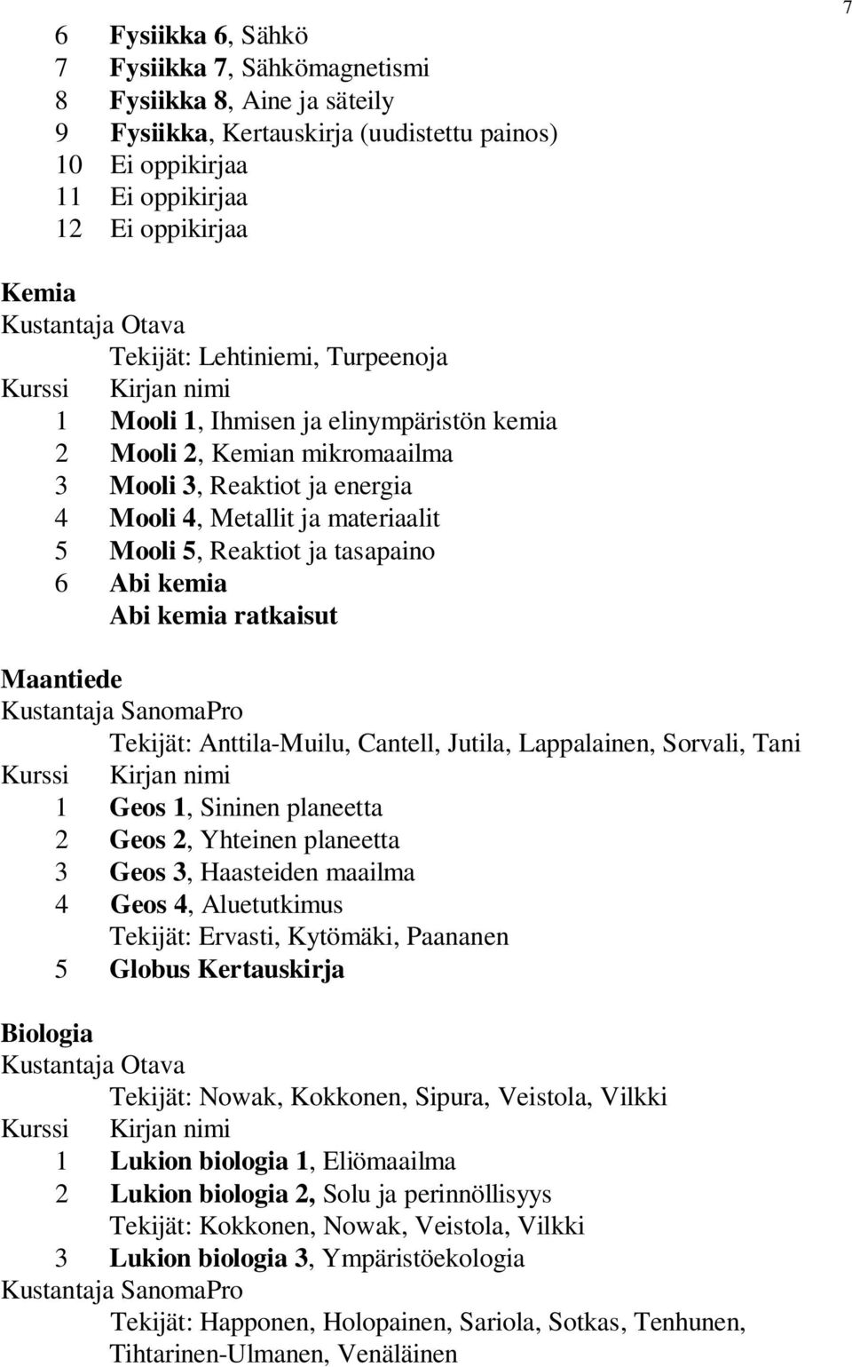 Abi kemia Abi kemia ratkaisut Maantiede Tekijät: Anttila-Muilu, Cantell, Jutila, Lappalainen, Sorvali, Tani 1 Geos 1, Sininen planeetta 2 Geos 2, Yhteinen planeetta 3 Geos 3, Haasteiden maailma 4