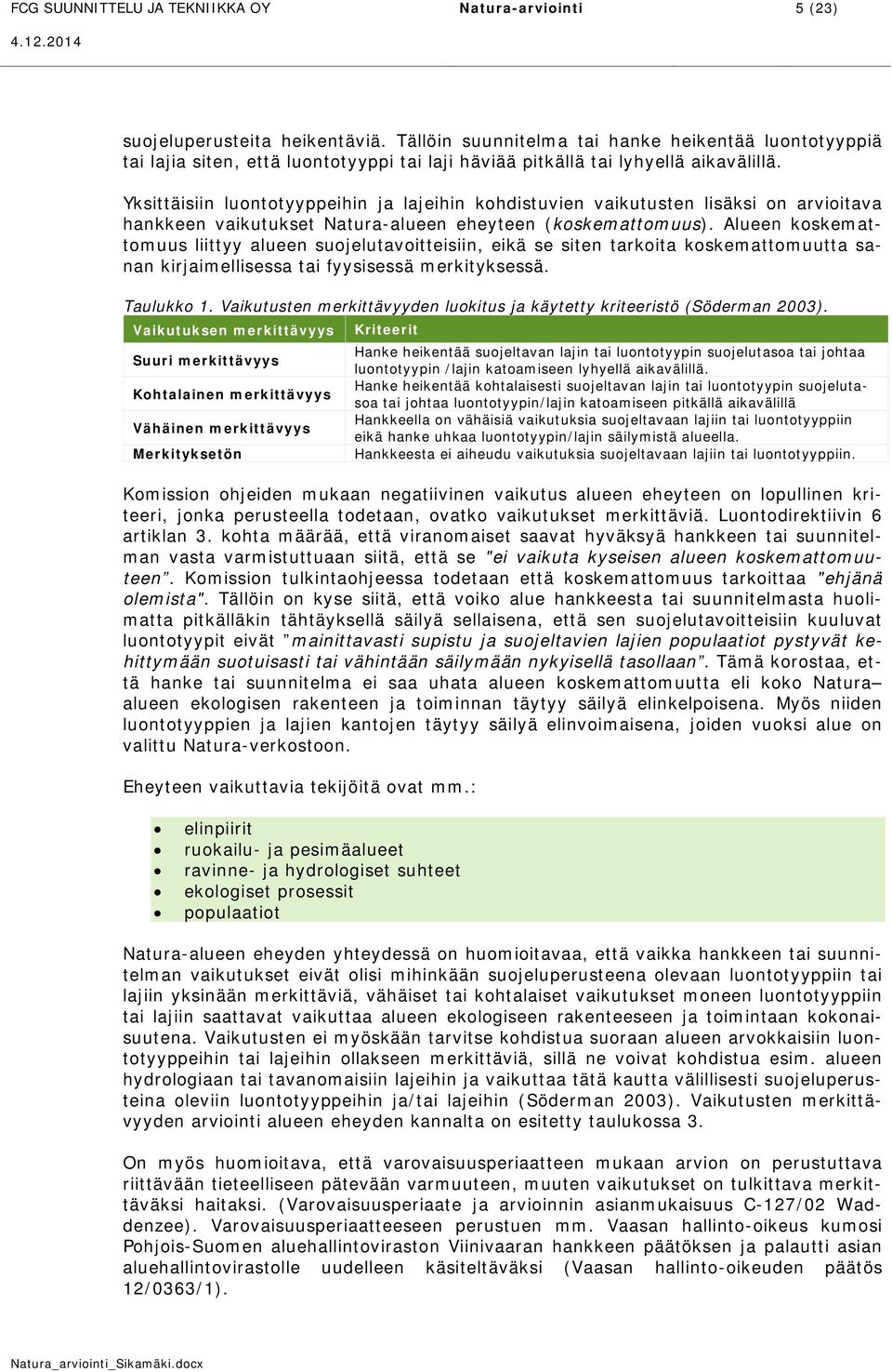 Yksittäisiin luontotyyppeihin ja lajeihin kohdistuvien vaikutusten lisäksi on arvioitava hankkeen vaikutukset Natura-alueen eheyteen (koskemattomuus).