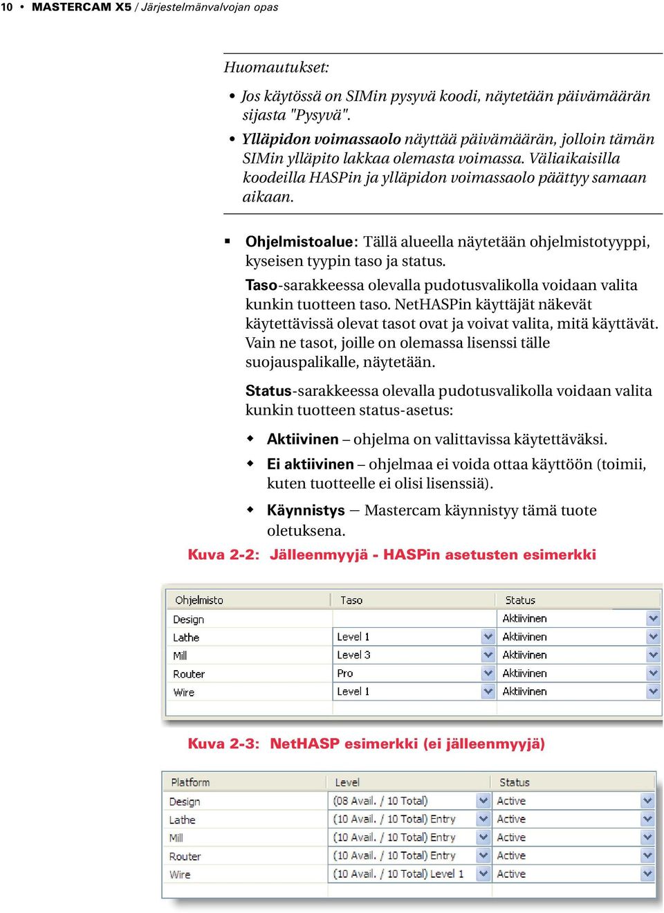 Ohjelmistoalue: Tällä alueella näytetään ohjelmistotyyppi, kyseisen tyypin taso ja status. Taso-sarakkeessa olevalla pudotusvalikolla voidaan valita kunkin tuotteen taso.