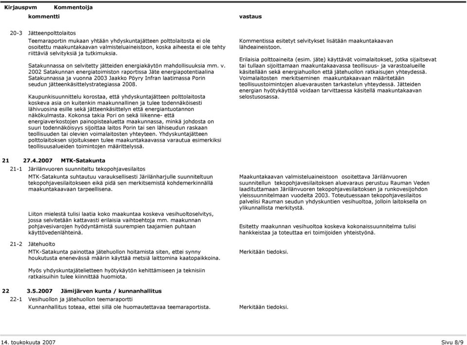 2002 Satakunnan energiatoimiston raportissa Jäte energiapotentiaalina Satakunnassa ja vuonna 2003 Jaakko Pöyry Infran laatimassa Porin seudun jätteenkäsittelystrategiassa 2008.