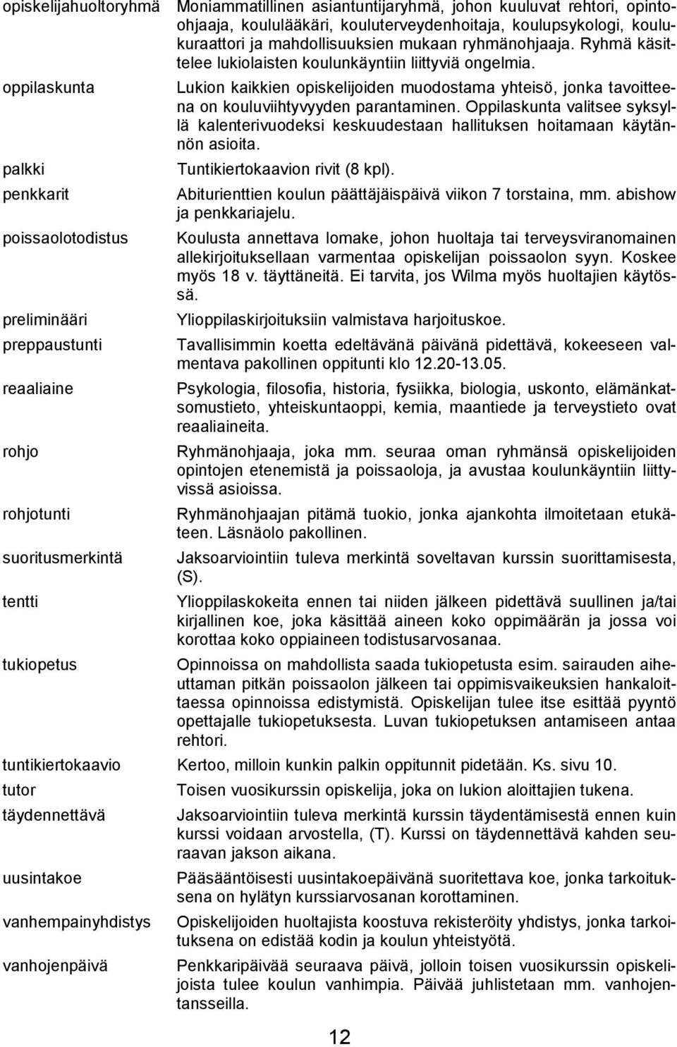 oppilaskunta palkki penkkarit poissaolotodistus preliminääri preppaustunti reaaliaine rohjo rohjotunti suoritusmerkintä tentti tukiopetus Lukion kaikkien opiskelijoiden muodostama yhteisö, jonka